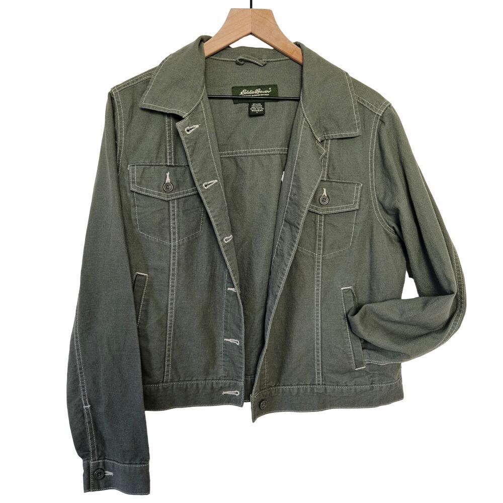 Eddie Bauer Linen Trucker Jacket L Olive Green‎